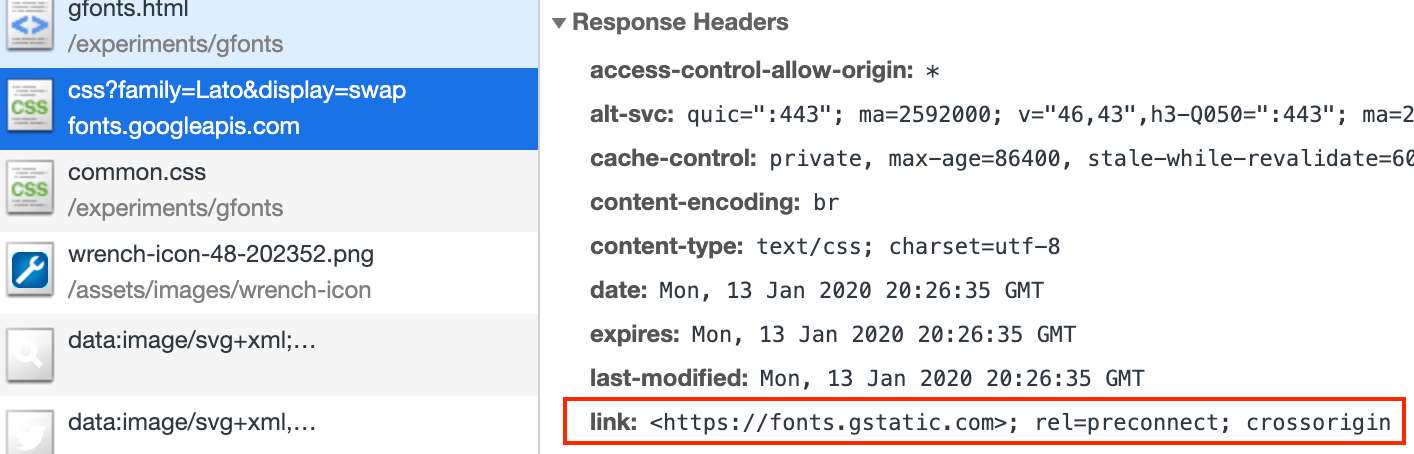 Google Fonts returns the preconnect hint as a link header