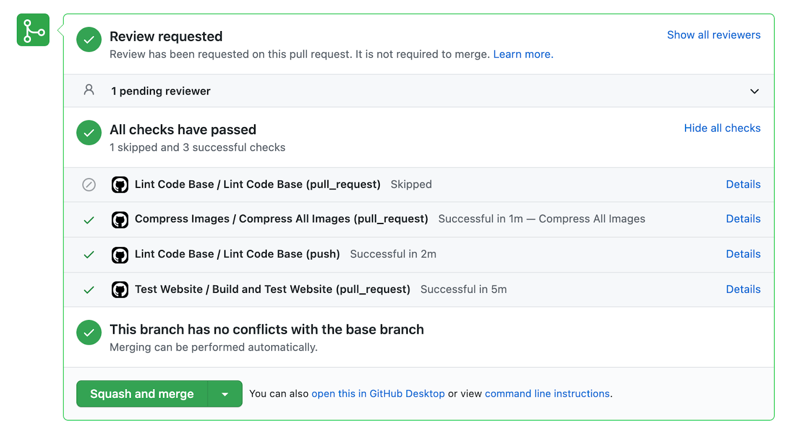 GitHub Pull Request test screenshot showing 'all tests have passed'
