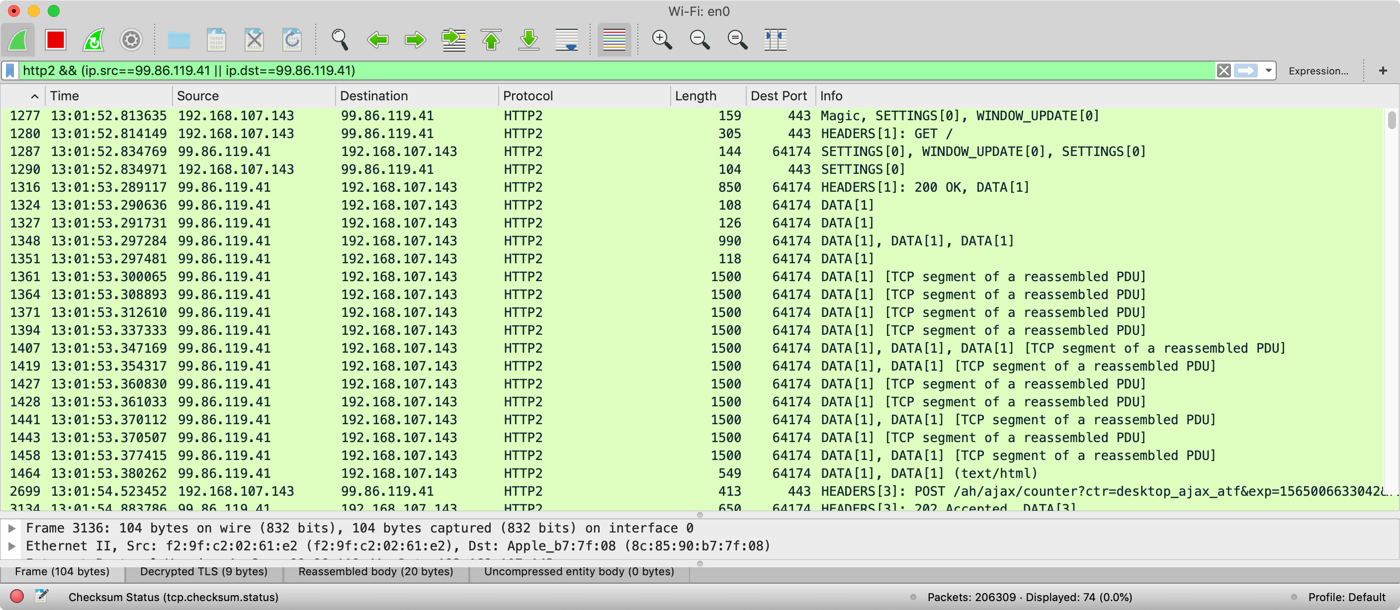 Viewing download of Amazon Homepage in Wireshark HTTP/2 messages