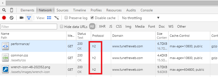 Testing HTTP/2 support in Chrome developer tools