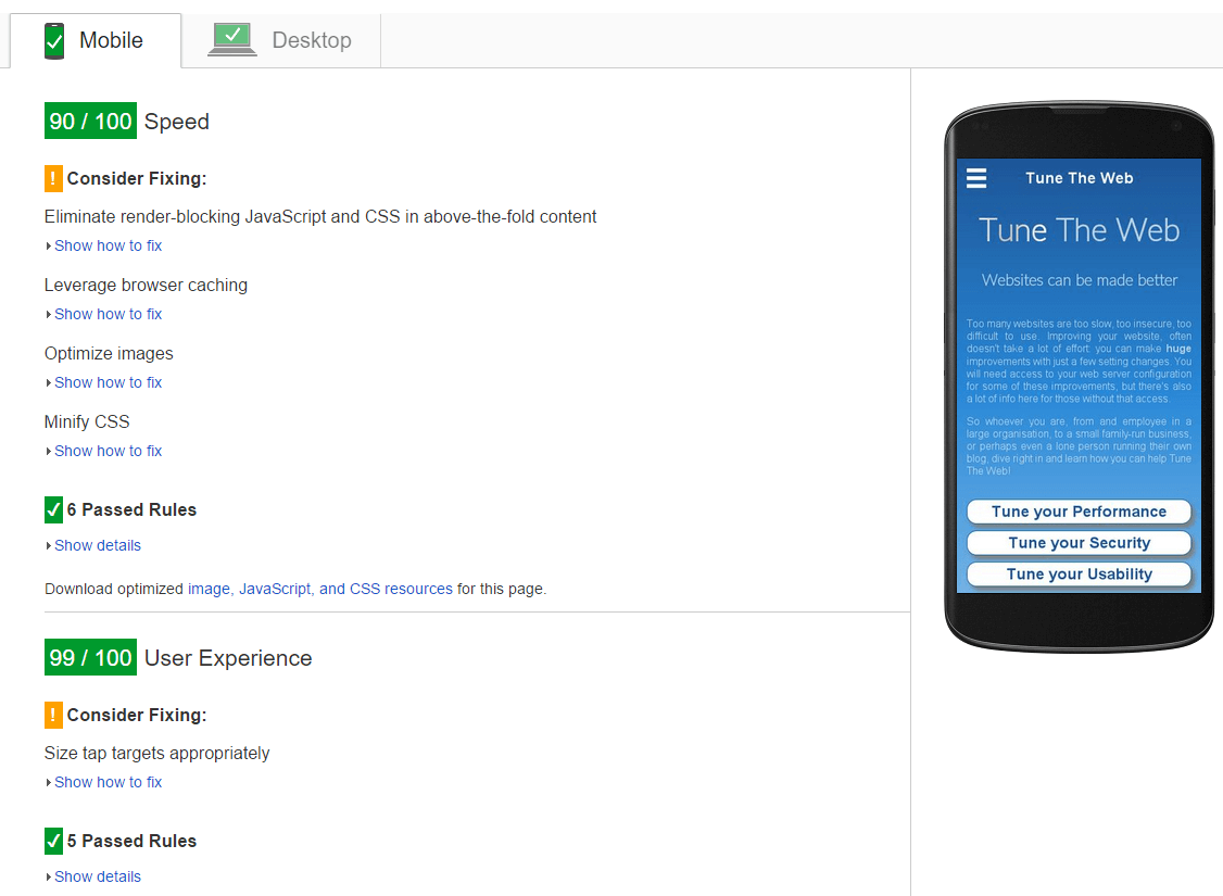 TuneTheWeb Google PageSpeed Insights results
