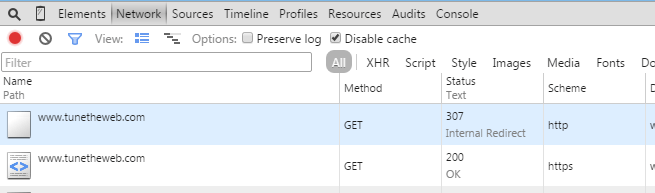 Chrome Developer Tools showing 307 redirect due to HSTS