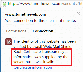 How Chrome displays valid certificate transparency replaced by Avast AV software