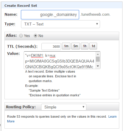 Google DKIM DNS Record Addition in AWS Route 53